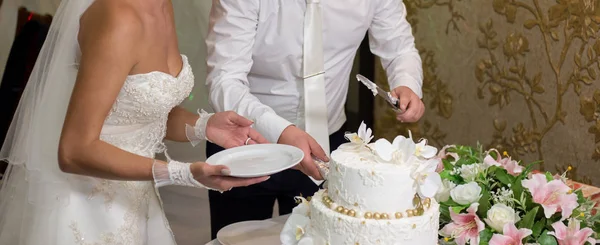Bride and groom cutting a cake at a wedding