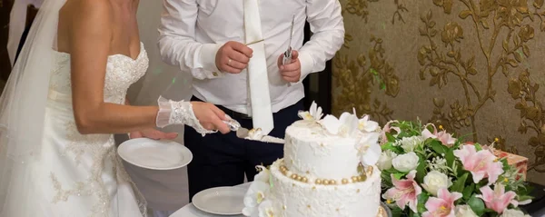 Novia Novio Cortando Pastel Una Boda — Foto de Stock