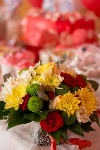 Bouquet Chrysanthemums Background Festive Table — Stock Photo, Image