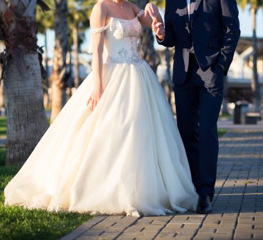 mutlu gelin ve damadın düğünde Parkta yürümek