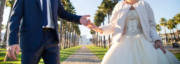 Novia Feliz Novio Paseo Boda Parque —  Fotos de Stock