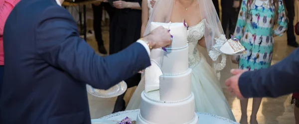 花嫁と新郎の結婚式でケーキを切る — ストック写真