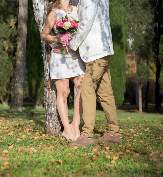 Gelin Damat Parkta Yürüyorlar — Stok fotoğraf