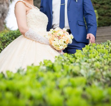 Gelin ve damat parkta yürüyorlar.