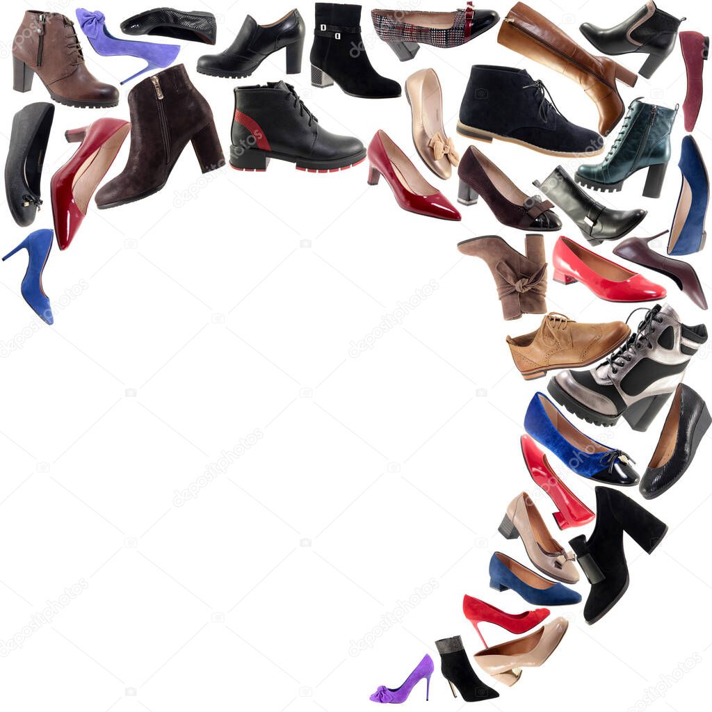 Shoes over white. Shoes collage on white background. Banner.