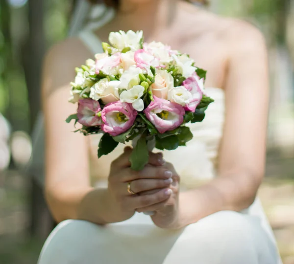 Bride Holds Bouquet Her Hands — Stock Photo, Image