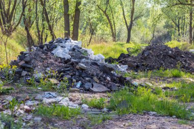 Ormanda çöp. Çevre kirliliği. İnsanlar piknikten sonra ormana çöp atar ve apartmandaki onarımlardan sonra inşaat malzemelerini çöpe atarlar. Troyeshchina, Kiev
