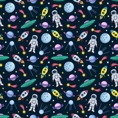 Şirin Dikişsiz renkli desen alanı kozmonot ile gezegenler ufo roketler uzay uydu ve siyah arka plan üzerine bir kuyruklu yıldız yıldız. Vektör çizim çocuklar, ambalaj kağıdı, tekstil vb için