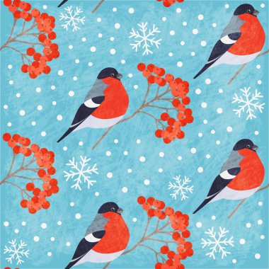 Kış vintage seamless modeli şakrak kuşu, rowan ve kar taneleri üzerinde mavi arka plan ile. Eski püskü doku. Vektör çizim