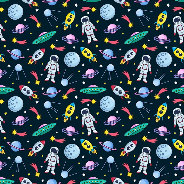 Cute seamless colorful pattern with space cosmonaut stars planets ufo rockets spaceships satellite and comet on black background. Vector illustration for kids, wrapping paper, textile etc