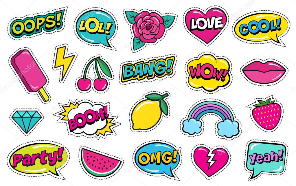 Modern cute colorful patch set on white background. Fashion patches of cherry, strawberry, watermelon, lips, rose flower, rainbow, hearts, comic bubbles etc. Cartoon 80s-90s style. Vector illustration