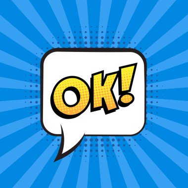 Retro komik konuşma balonu mavi çizgili desen renkli yarı ton gölge ile. İfade metin Tamam. Vektör çizim, vintage tasarım, pop sanat tarzı.