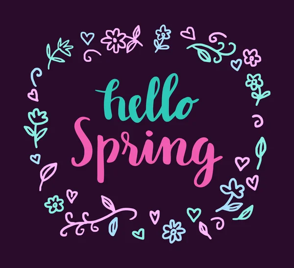 Merhaba bahar şirin kaligrafi yazı el ile renkli çerçeve çiçek siyah arka plan üzerine çizilmiş. Tebrik kartları için mükemmel, afiş, vb yazdırın. Vektör çizim