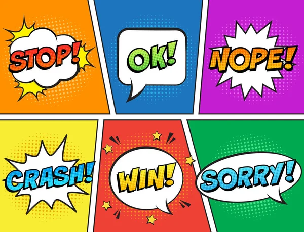 Retro Komische Tekstballonnen Ingesteld Kleurrijke Achtergrond Expressietekst Stoppen Crash Win — Stockvector
