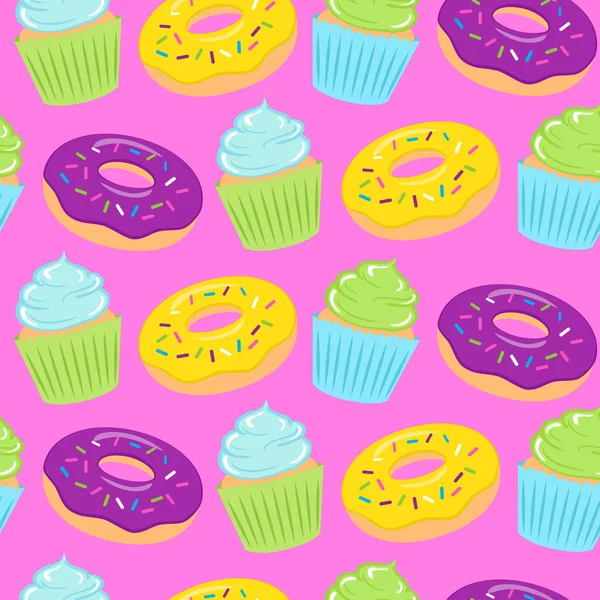 Padrão Colorido Sem Costura Com Donuts Cupcakes Fundo Rosa Ilustração —  Vetores de Stock