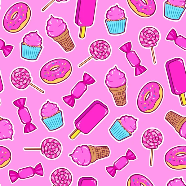 Modèle Sans Couture Avec Des Patchs Colorés Stickers Aliments Sucrés — Image vectorielle