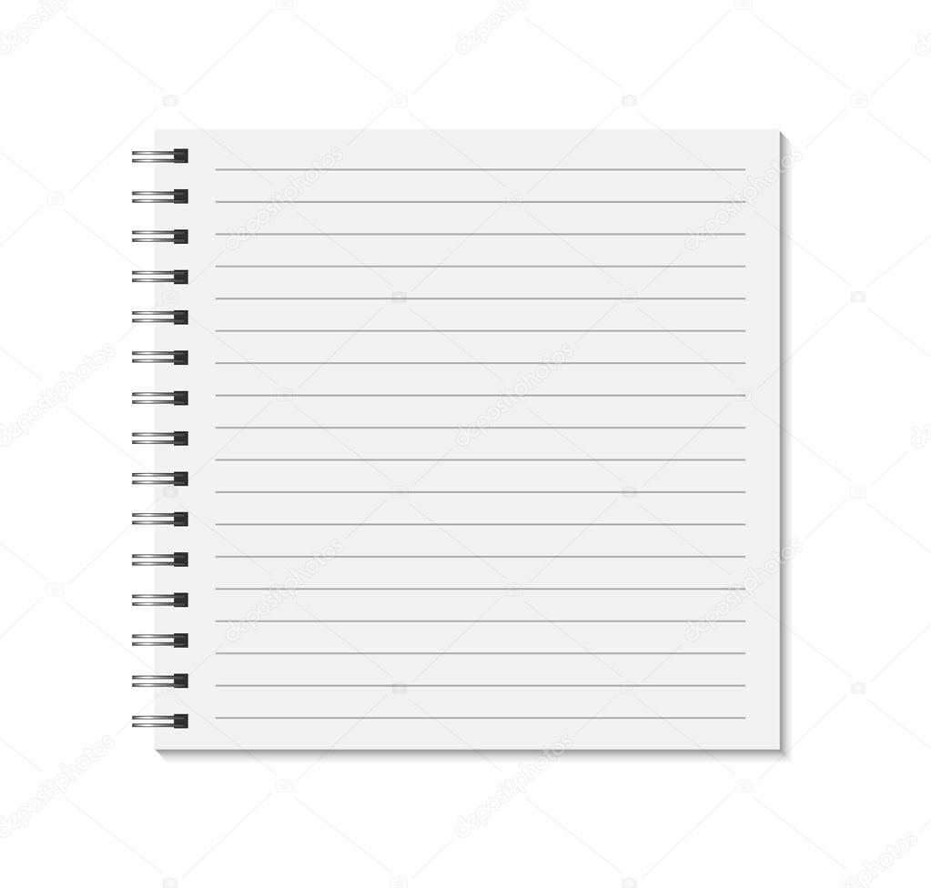 Square notebook mock up isolated on white background. Blank lined pages, copybook with metal spiral template. Realistic closed notepad vector illustration.