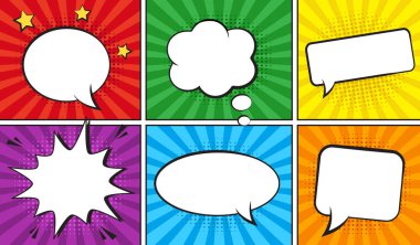 Renkli arkaplan üzerine kurulu komik, boş konuşma baloncukları. Vektör illüstrasyonu, klasik tasarım, pop sanat tarzı.