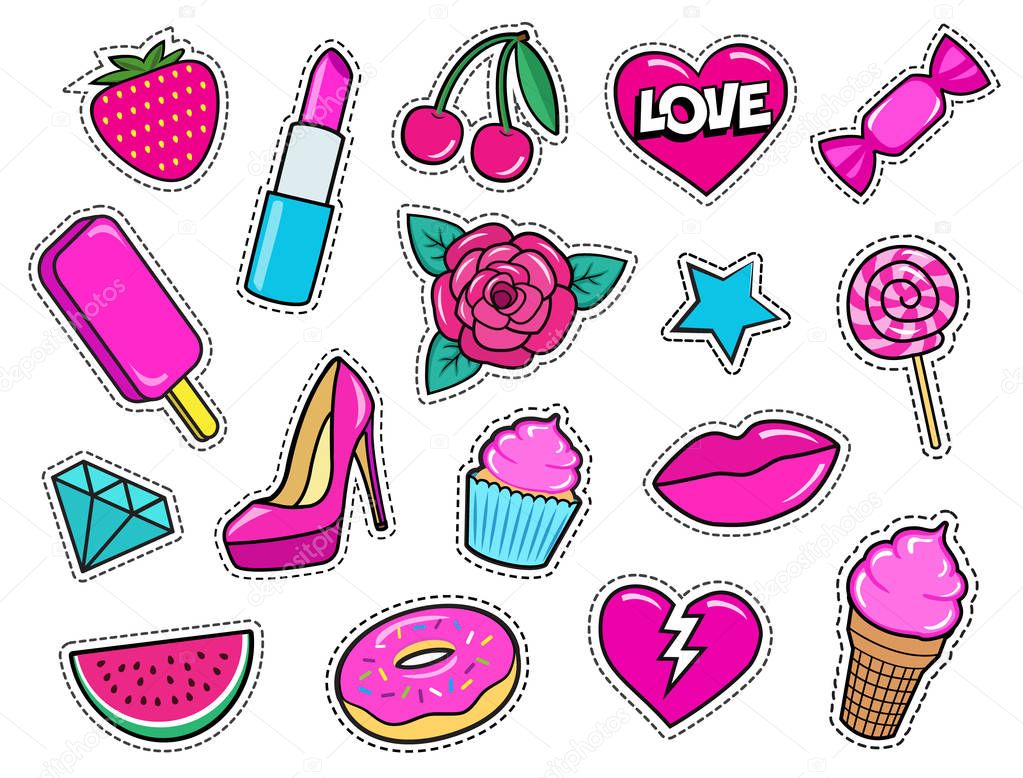 Set of cute fashion patches, strawberry, lipstick, ice-cream, donut, shoe, rose, diamond, lips, watermelon, cherry, cupcake, candy etc. Cartoon stickers, 80s-90s pop art style. Vector illustration