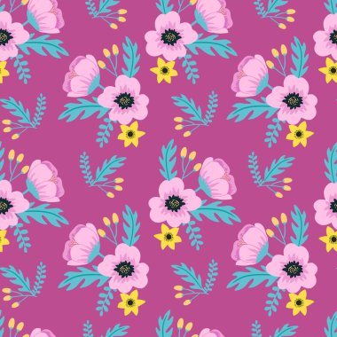 Zarif bahar renkli kesintisiz çiçek desenli mor zemin üzerine pembe ve sarı çiçekli. Kafe yazdır. Vektör çizim