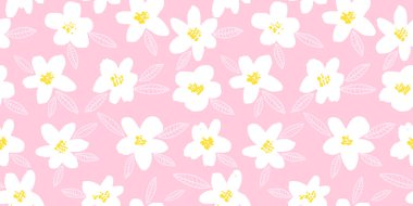 Bahar parlak sorunsuz çiçek desenli beyaz el ile çiçek, pembe arka plan çizilmiş. Kafe yazdır. Vektör çizim