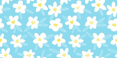 Bahar parlak sorunsuz çiçek desenli beyaz el ile çiçek mavi zemin üzerine çizilmiş. Kafe Yazdır. Vektör çizim