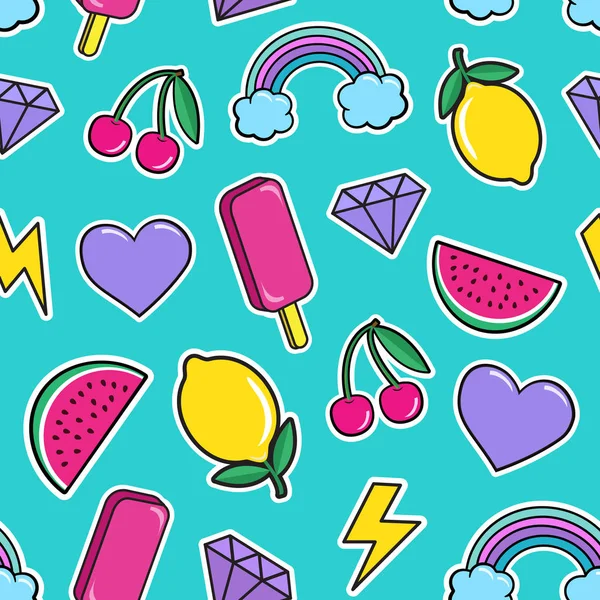 Cute Seamless Pattern Colorful Patches Stickers Ice Cream Cherry Watermelon — Stock Vector