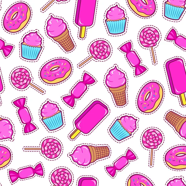 Patrón Sin Costuras Con Parches Colores Pegatinas Alimentos Dulces Helado — Vector de stock