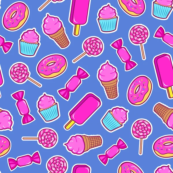 Seamless Pattern Colorful Patches Stickers Sweet Food Ice Cream Candy — Stock Vector