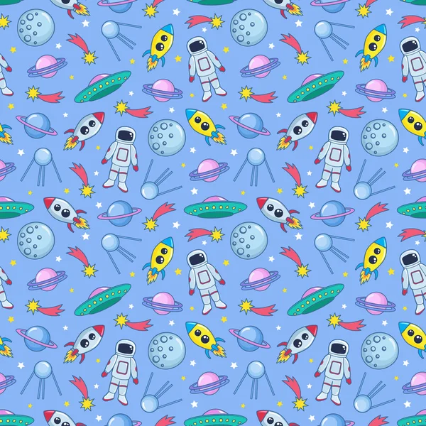 Cute seamless colorful pattern with space cosmonaut stars planets ufo rockets spaceships satellite and comet on blue background. Vector illustration for kids, wrapping paper, textile etc