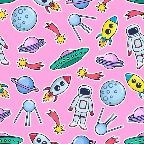 Cute seamless pattern with space cosmonaut planets ufo rockets spaceships satellite and comet on pink background. Vector illustration