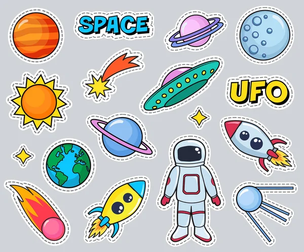 Patches Bonitos Conjunto Com Planetas Cosmonautas Espaciais Sol Terra Foguetes — Vetor de Stock