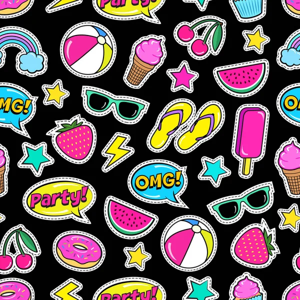 キュートな夏のファッションのパッチ イチゴ スリッパ ビキニ ビーチ パラソル ボール アイスクリーム ドーナツ スイカ — ストックベクタ