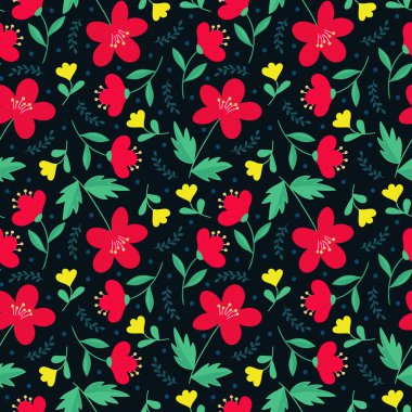 Şirin zarif çiçek el çekilmiş seamless modeli. Siyah zemin üzerine kırmızı ve sarı çiçekler. Kafe Yazdır. Mükemmel textil tasarımı, scrapbooking vb. Vektör çizim