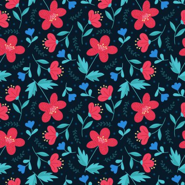 Şirin zarif çiçek el çekilmiş seamless modeli. Koyu arka plan üzerinde kırmızı ve mavi çiçekler. Kafe Yazdır. Mükemmel textil tasarımı, scrapbooking vb. Vektör çizim