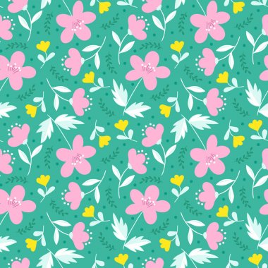 Şirin zarif çiçek el çekilmiş seamless modeli. Yeşil zemin üzerine pembe ve sarı çiçekler. Kafe Yazdır. Mükemmel textil tasarımı, scrapbooking vb. Vektör çizim