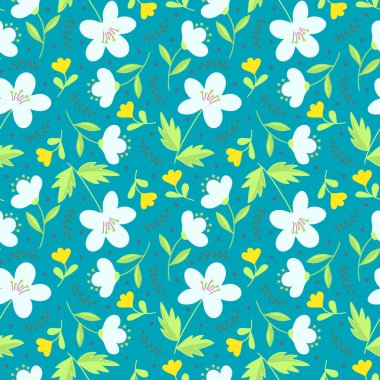 Şirin zarif çiçek el çekilmiş seamless modeli. Deniz mavisi mavi zemin üzerine beyaz ve sarı çiçekler. Kafe Yazdır. Textil tasarım için mükemmel. Vektör çizim
