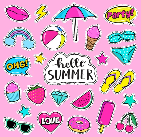 Verzameling Van Leuke Zomer Fashion Patches Aardbei Slippers Bikini Parasol — Stockvector