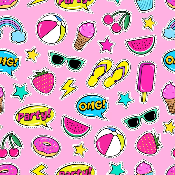 可爱的夏日无缝多彩图案的时尚补丁 冰淇淋 甜甜圈 语音泡沫等 卡通贴纸 矢量插图 — 图库矢量图片