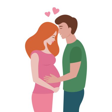 Beyaz arka planda izole edilmiş bir bebek bekleyen mutlu, sevgi dolu genç bir çift. Hamile, genç ve güzel bir kadın. Vektör illüstrasyonu