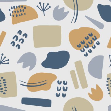 Renkli noktalar, şekiller, çizgiler, noktalar ve tasarım elementleriyle modern, soyut, pürüzsüz desen. El çizimi İskandinav geçmişi. Tekstil, ambalaj kağıdı, kumaş vs. için mükemmel. Vektör illüstrasyonu