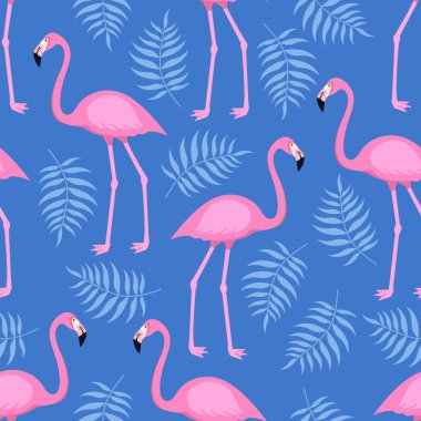 Pembe flamingo kuşları ve tropik areca yapraklarıyla kusursuz bir tropikal model, yaz arkaplanı. Vektör illüstrasyonu