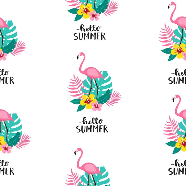 Sommer Nahtlos Niedlichen Bunten Muster Mit Flamingo Tropischen Blättern Blumen — Stockvektor