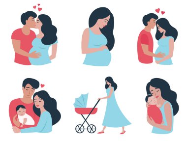 Bebek bekleyen mutlu, genç bir çift. Hamile, genç ve güzel bir kadın. Yeni doğmuş bebekli ebeveynler. Bebek arabalı genç bir kadın. Vektör illüstrasyonu