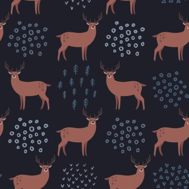 Koyu arka planda orman hayvanı geyiği olan kusursuz el çizimi desen. İskandinav tasarım tarzı. Vektör illüstrasyonu