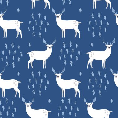 Koyu arka planda orman hayvanı geyiği olan kusursuz el çizimi desen. İskandinav tasarım tarzı. Vektör illüstrasyonu