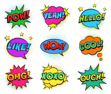 Retro colorful comic speech bubbles set on white background. Expression text POW, YEAH, WOW, HELLO, YEAH, OMG, LIKE, COOL, OUCH. Vector illustration, pop art style. clipart