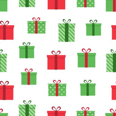 Şirin hediye kutularıyla renksiz desenli. Noel, doğum günü, indirimli arka planda hediyeler falan. Düz stil. Vektör illüstrasyonu