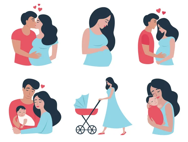 Heureux Jeune Couple Aimant Attendant Bébé Jeune Femme Enceinte Belle — Image vectorielle