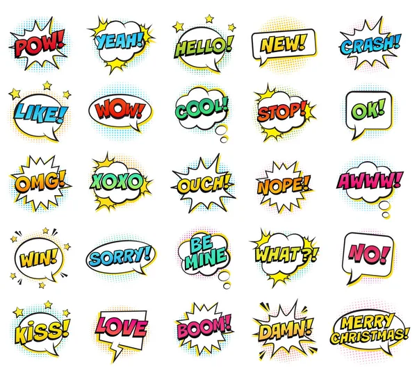 Retro Colorful Comic Speech Bubbles Set Halftone Shadows White Background — 스톡 벡터